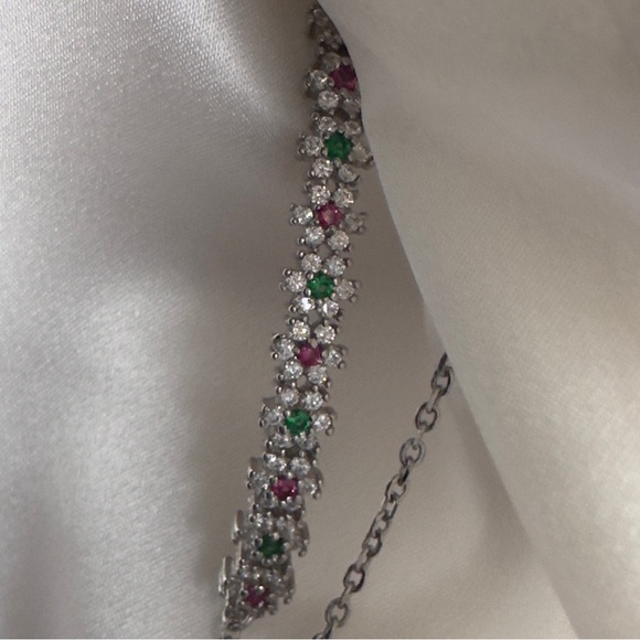 Sterling Silver  Emerald&Ruby Cubic Zirconia Flower Bracelet - Picture 4 of 16